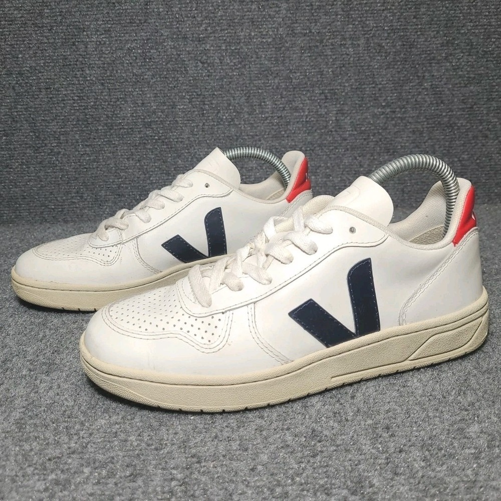 VEJA V-10 Sneakers Womens Size 7 White Red Blue Leather White Nautico Pekin‎